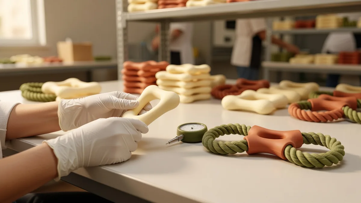 Banc QC inspectant des jouets de dentition en silicone pour chiens : bavures, dureté Shore et jonctions de poignée corde