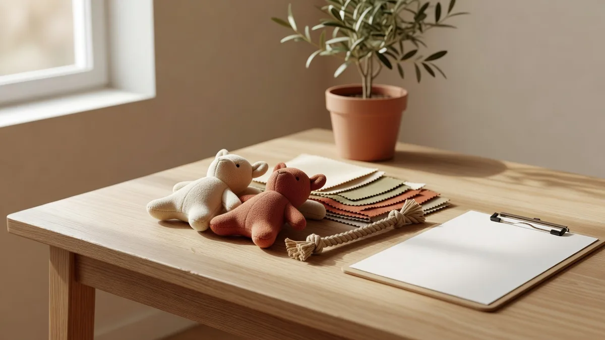 Bureau d’échantillonnage avec peluches et jouets corde pour petits chiens, échantillons de tissus et fiche de taille signée