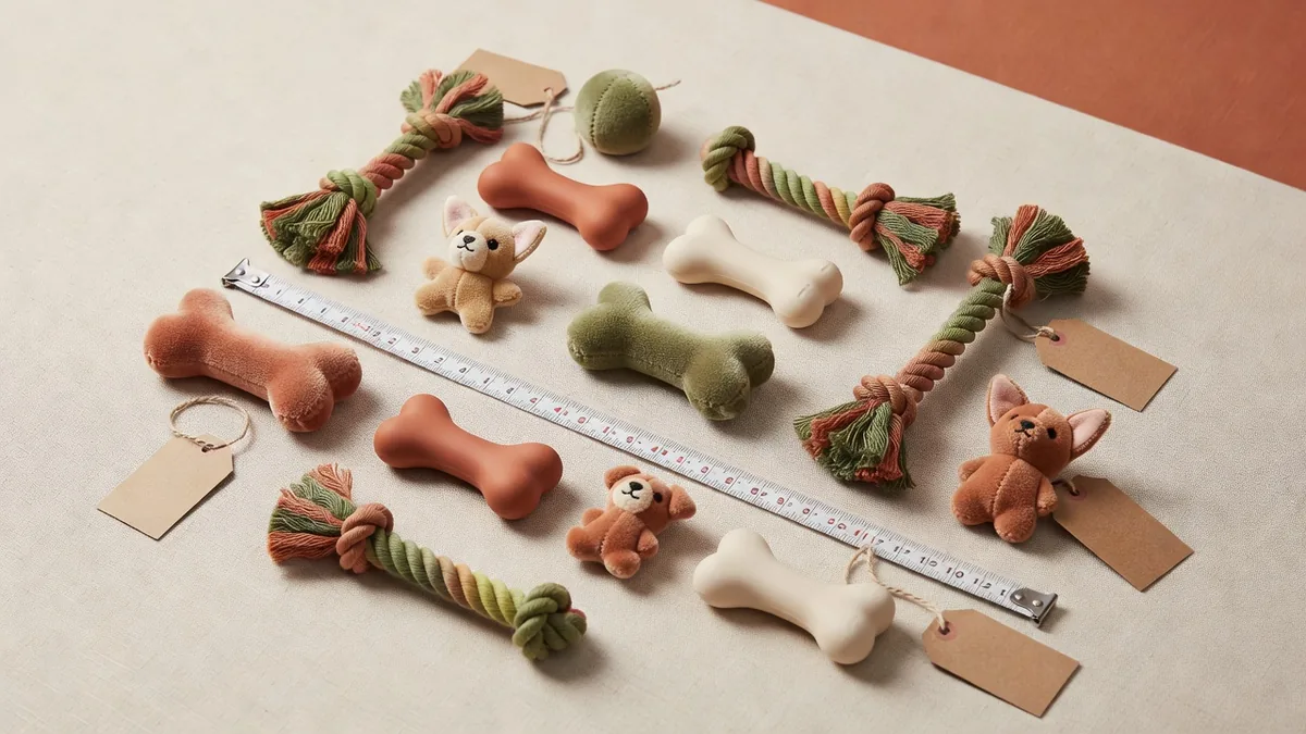 Peluches, cordes et jouets TPR de petite taille disposés avec un mètre ruban pour le banding des tailles en gros