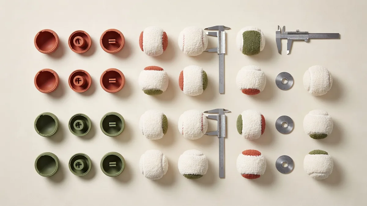 Flatlay de matières de balles couineuses : coques caoutchouc TPR, housses tennis tissu, couineurs à anche plastique et jauges de taille