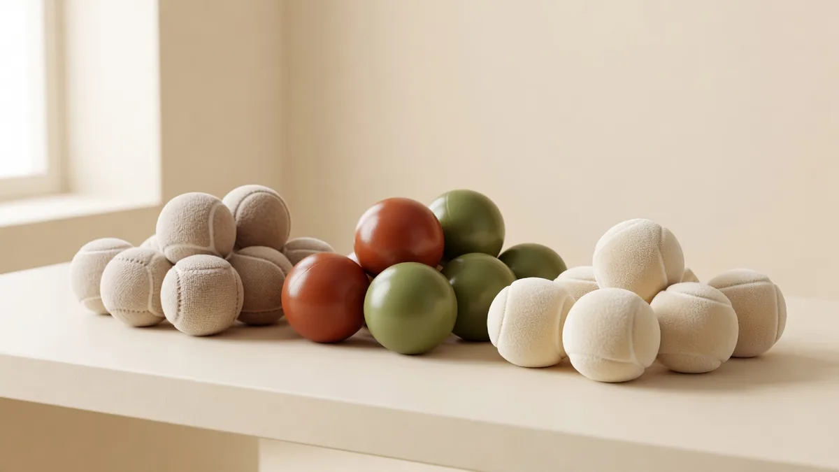Assortiment de balles couineuses pour chiens sur un bureau d’échantillonnage B2B crème chaud, pour revue des tailles et couleurs en gros