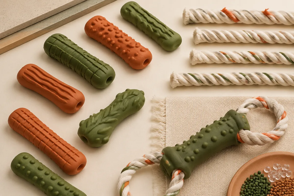 Corps à mâcher moulés en TPR à côté de longueurs de corde coton et de jouets hybrides finis pour chiens sur un bureau d’échantillonnage crème chaud