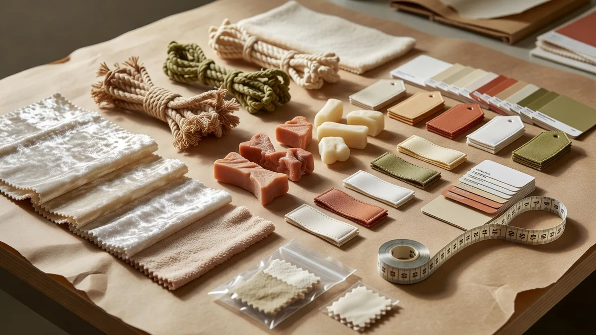 Flatlay matières et QC pour fournitures pour animaux en gros à faible MOQ : échantillons peluche, corde, TPR, hangtags et nuanciers