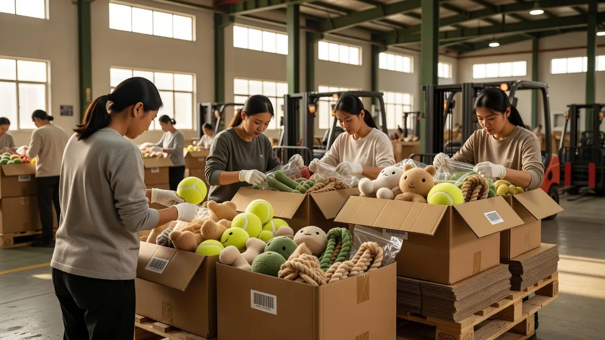 Pack-out usine de fournitures pour animaux en gros à faible MOQ dans des master cartons, avec polybags scellés et stickers code-barres