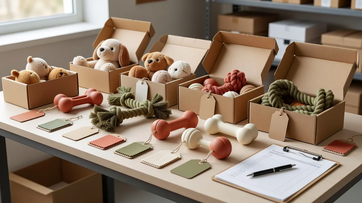 Bureau d’échantillonnage fournitures pour animaux en gros à faible MOQ, avec cartons ouverts, peluches, jouets en corde et liste de colisage acheteur