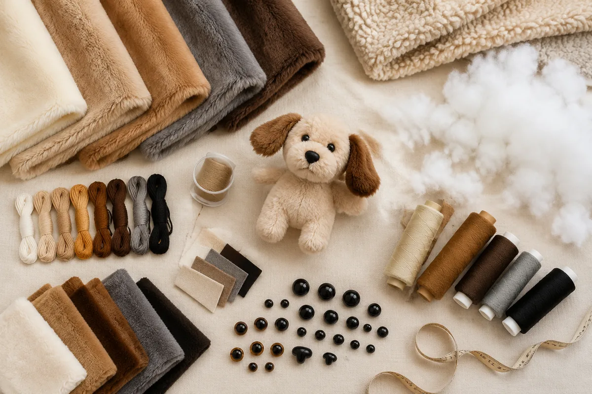 Plan à plat des matières d’une usine de jouets en peluche pour chiens en gros : tissu à poil court, sherpa, fibre de rembourrage, fil à broder, yeux à verrouillage et étiquettes tissées pour les RFQ acheteurs