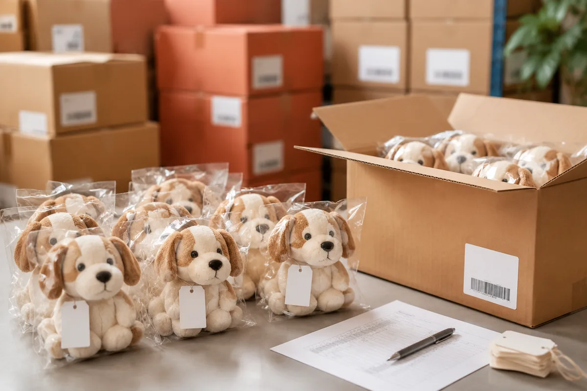 Jouets en peluche pour chiens en gros sous polybag avec hangtags, à côté d’un carton maître ouvert pour le conditionnement export dans une usine chinoise