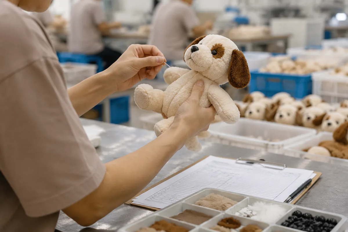 Inspecteur qualité vérifiant la résistance des coutures d’un jouet en peluche pour chien dans un atelier de confection d’une usine chinoise en gros, avec plateau AQL