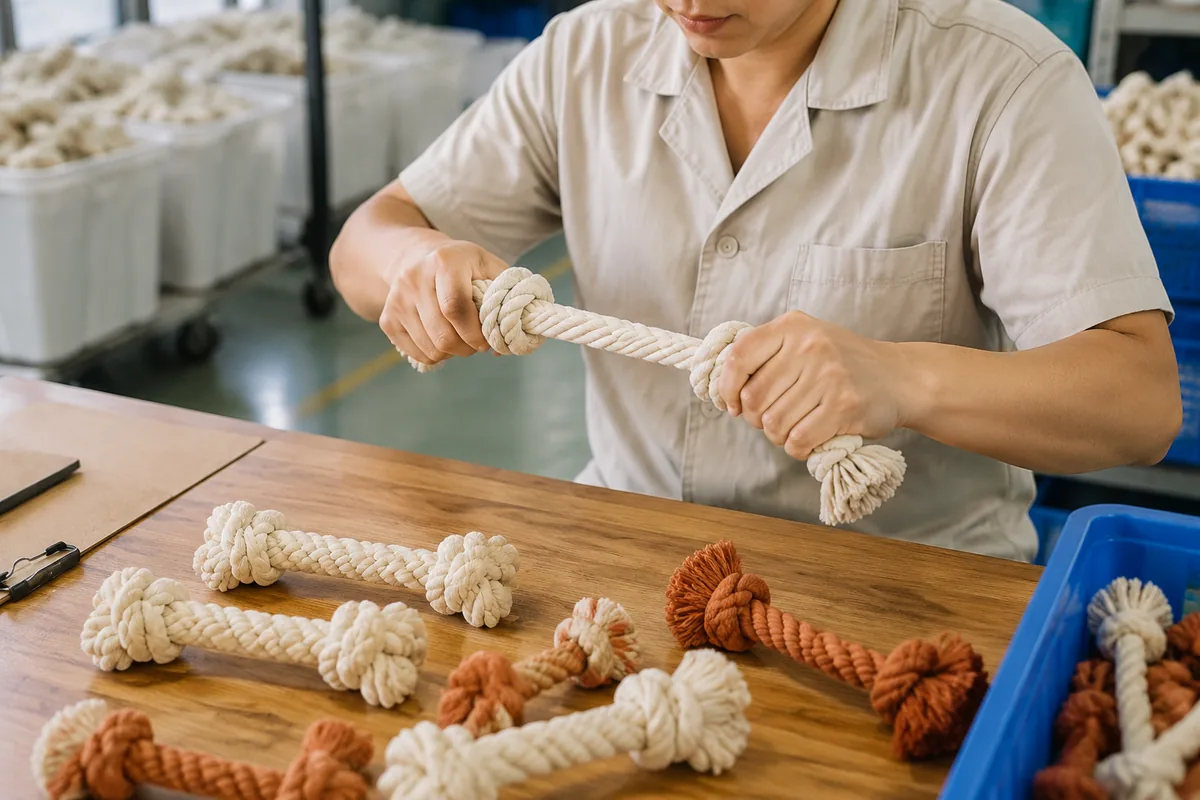 Inspection CQ de traction sur des jouets à mâcher en corde pour chiens en gros dans un atelier d’usine